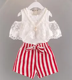 2019 Summer New Korean Lace Shoulder top with striped shorts Two children039s suits One hair replacement Q07018136595