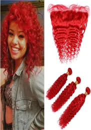 Cabelo humano peruano puro vermelho onda profunda pacotes 3 pçs com 13x4 fechamento frontal 4 pçs / lote vermelho colorido cabelo ondulado tece com renda fron5011293