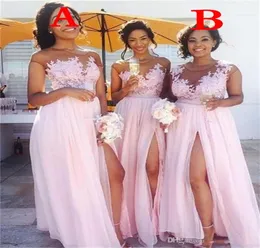 2020 Cheap Sexy Baby Pink Long Bridesmaid Dresses Jewel Neck Illusion Lace Appliques Chiffon Bridesmaids Pink Party Dress Wedding 9515550