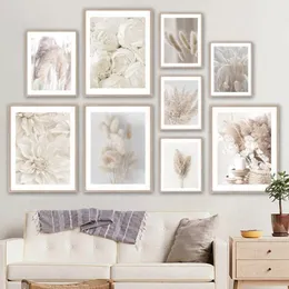 Resimler Bej kamış kuru çiçek tuval boyama posterler ve baskılar duvar sanatı resim modern oturma odası dekorasyon289z