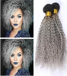 Kinky curly brasiliansk grå ombre mänskliga hårväv buntar 3 st parti 1bsilver grå mörk rot ombre jungfru mänskligt hår weft extensio9771818