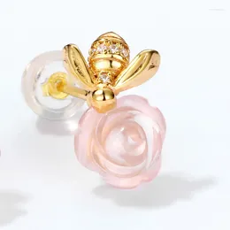 Stud Earrings Natural Rose Quartz Flower Golden Bee Zircon Pink Crystal Flowers S925 Sterling Silver Ear Studs Women Gifts
