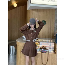 designer CE23 AutumnWinter New Style Fashionable Leather Label Short Baseball Coat+Pleated Skirt Set GZAX