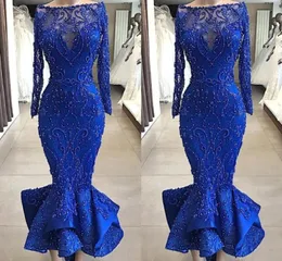 Immagini reali Lusso Royal Blue Sirena Abiti da sera da ballo Bateau Neck Perline Perline Corpetto aderente Ruffles Lunghezza alla caviglia Cazzo corto8953071