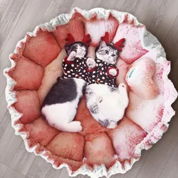 고양이 침대 작은 개 매트 귀여운 공주 스타일 핑크 주름 레이스 애완 동물 용품 꽃잎 고양이 집 조절 가능한 드로 스트링 335x