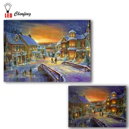 LED Canvas Art Print Christmas City Night In Winter Wall Picture Illuminate Canvas Painting Up Plakaty Drukuj prezent świąteczny T2191V