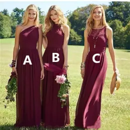2024 Burgandy Bahçe Nedime Elbise Bir Omuz Kat Uzunluğu Şifon Nedime Gowns Plus Boyutu Düğün Konuk Elbise Elbise