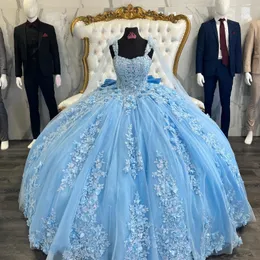 Sky Blue Quinceanera klänning mexikanska applikationer 3d blommor tull bollklänningar från axelkorsetten 16 vestidos de xv anos