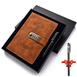 200 sidor A5 Retro Password Notebook Book med Lock Diary Thicked Creative Hand Ledger Student Notepad Stationery Binder 240306