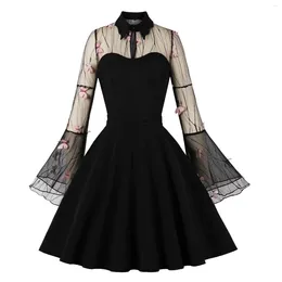 Saias S-4XL Grande Tamanho Mulheres Gótico Sexy Mini Vestido Outono Preto Malha Patchwork See-Through Manga Flare Drapeado Festa Elegante