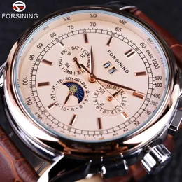 Forsining Moon Phase Shanghai Movement Rose Gold Case Brown Leather Strap Men Watch Top Brand Luxury Automatic Self Wind Watch197U