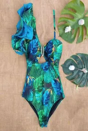 Sexy um ombro plissado maiô de uma peça impressão floral banho feminino maiô beachwear4516443