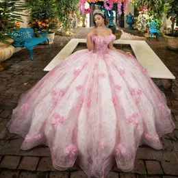 Hellrosa Quinceanera-Kleid, schulterfrei, Blumen, Tüll, Party, Prinzessin, süßes 16-Ballkleid, für 15 Jahre