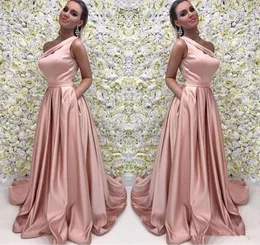 Rose Gold Long Prom Dress Elegant One Shoulder Sleeveless A Line Floor Length Satin Evening Dresses Bridesmaid Formal Gown With Po4138754