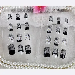 Falsas unhas 24 pcs casamento estilo francês 3d acrílico clássico cor preta com flor branca dicas de unhas falsas