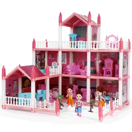 Casa para meninas bonecas brinquedos com tira de luz pp diy mansão playhouse edifício playset criança 240304