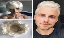 Fashion Style 6inch Platinum Blonde 60 Virgin Brazilian Hair Straight Mens Toupee Hair Replacement 8064265