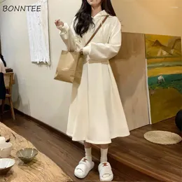 Casual Dresses Hooded Long Sleeve Midi Women Solid Color Huge Hem Lace-up Flattering Waist Spring Autumn Gentle Elegant Cozy Trendy