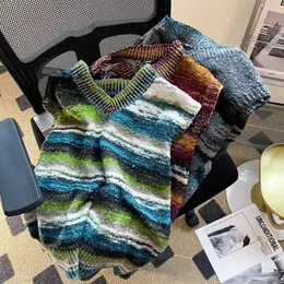 American Retro gradient kamizelka swetra w paski dla mężczyzn i kobiet 2023 Autumn College Lazy Style Bez rękawów topy 240312
