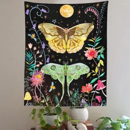 Tapestries fjäril och blomma tapestry vägg hängande måne blommig svart vildblomma estetik för sovrum sovsal