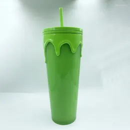 Bicchieri da 24 once Bicchiere di Natale di Halloween Bicchiere d'acqua in plastica a doppio strato Regali di caffè per feste in paglia verde di grande capacità