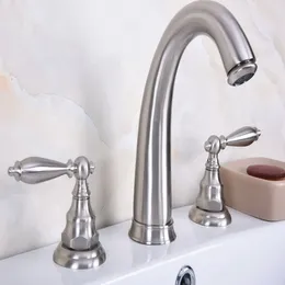 Bathroom Sink Faucets Deck Mounted 3 Holes Bath Tub Mixer Tap Brushed Nickel Brass Widespread 2 Handles Basin Faucet Abn015