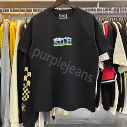 新しいKith TシャツメンズデザイナーTシャツブルースカイホワイトクラウドファンフォレストプリント高品質100％コットン特大の短袖Tシャツ男性と女性向け