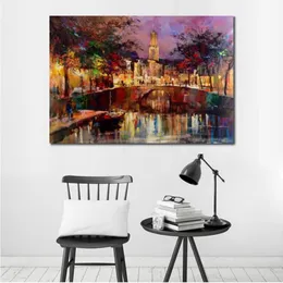 Pittura a olio di paesaggio moderno Canale a Utrecht Dipinto a mano Città Scape Tela Willem Haenraets Riproduzione di opere d'arte Colorato Bridg251T