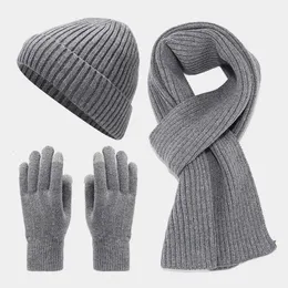 Unisex Black Hat Scarf Gloves 3pcs Set for Men Outdoor Warmer Winter Womens Plush Beanie Cap Touch Screen 240227