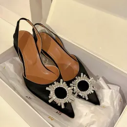 Amina Muaddi Kadın Sandaletler Elbise Ayakkabıları Saten Sırt Slingbacks Bowtie Pompaları Kristal Sunçlu Yüksek Topuklu 7cm 9.5cm Parti Düğün Ayakkabıları K5H6#