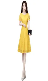 Vestido de renda feminino amarelo 7 cores s5xl plus size moda verão fino verde vermelho manga curta mini vestidos femininos lr818 2105313598096