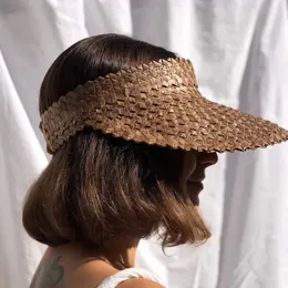 Rattan Sun Visor Hat For Women Natural Palm Leaf Visor Wide Brim Cap Girl Sunshade Summer Straw Beach Derby Vacation 240309