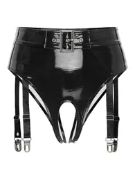 Women's Panties Sexy Womens Patent Leather Underwear With Garter Clips Lingerie Porno High Waist Open Crotch Thong Briefs Underpants