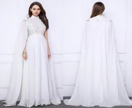 Vestidos formais elegantes da noite branca longos com enrolar uma linha de renda de chiffon capa de pescoço de pescoço de capa saudita caftan celebridade baile p6996256