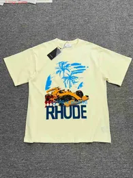 23 år ny Rhude T-shirt kortärmad bokstav tryckt högvikt dubbel garn hiphop mens och kvinnor samma stil