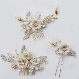Klipsy do włosów Ręcznie pomalowany kwiatowy grzebień nowożeńca vintage liść ręcznie robiony kryształowy ślub dla kobiet biżuteria