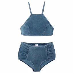 Designer kvinnors badkläder cowboy färg split bikini baddräkt sommarstrand kvinnors halsbantning sexig triangel badkläder