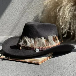 Berretti Retro Piuma Cappelli da cowboy occidentali per uomo Donna Autunno Inverno Fedora Cowgirl Panama Jazz Caps Sombrero Hombre