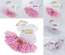 Ins Baby Tutu Dot Etek Bow Romper Crown Head Band 3pcsset Girls doğum günü Pogerya Elbise Çocuklar Cadılar Bayramı Prenses Partisi6327643