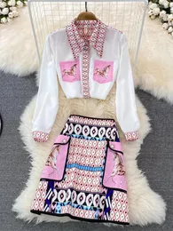 İş elbiseleri moda yaz pisti kadın etek takım elbise hayvan at geometrisi baskı bluzu ve cepli iki parçalı bir çizgi düğmeleri