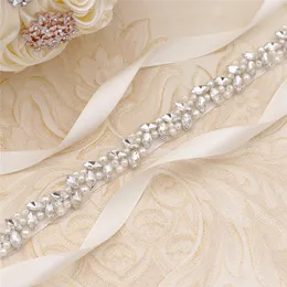Partihandel Rose Gold Crystal Pearl Beaded Bridal Sash Rhinestone Ribbon midje Bröllopsbälten 2516