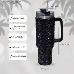 Muggar 1st 40oz bling tumblers med handtag lock och halm strass bilresor muggar hållare isolerade rostfritt stål dubbel väggvatten koppar FY5717 1124 L240312