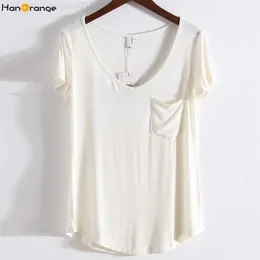 Koszulka damska Hanorange Modal Pocket Summer Lats Slex Loose Women Women V-Neck Pure Color Miękka koszulka Czarna/Gray/White/Beige L24312
