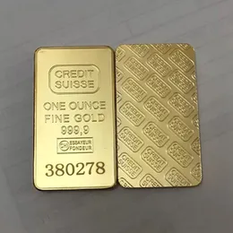 10 Stück nicht magnetische CREDIT SUISSE 1 Unze echt vergoldete Barrenbarren-Schweizer Souvenir-Münze mit unterschiedlicher Lasernummer 50 x 28 m250B
