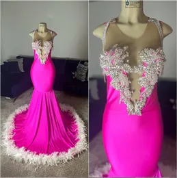 Hot Pink Rhinestone Party Prom Dresses for Women Feather Train Mermaid Black Girls Birthday Party Gowns