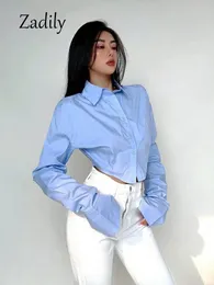 Zadily Spring Korean Style Långärmad vit skjorta Kvinnor Sexig knapp Damer Crop Tops Blus Street i kvinnliga kläder 240312