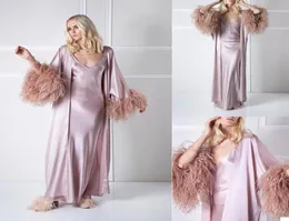 Ostrich Feather Celebrity Bowns Aftonklänningar Långärmad 2 stycken Sexig brudpyjama Set Bathrobes Party Wear Robes5552139