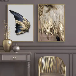 Nordic Golden and Black Wing Art Art Płótna obrazy Streszczenie liści grafiki ścienne i plakaty do salonu Dekorowanie domu 308p