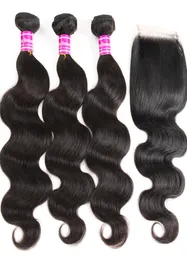 Tani 10a Malezji Virgin Body Wave Weves 3 wiązki z zamykaniem ludzkich włosów z koronkowymi akcesoriami zamknięcia 2395889