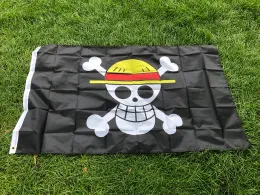 Bandeira Luffy Piratas Jolly Roger Macaco Crânio com Chapéu de Palha Bandeira de Poliéster para Decoração de Quarto de Casa